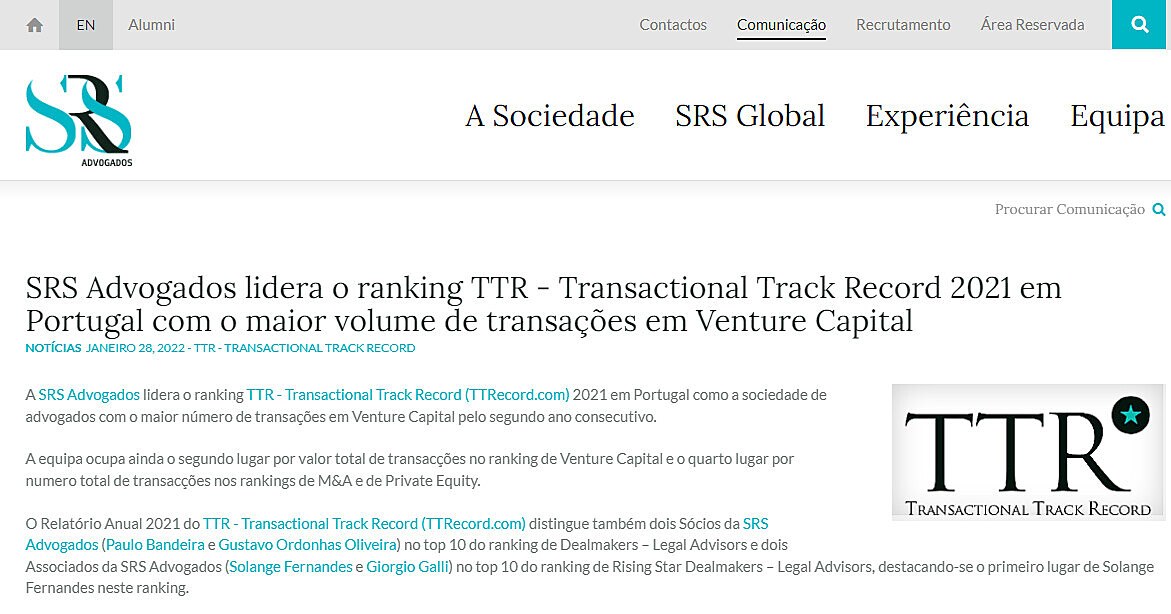 SRS Advogados lidera o ranking TTR - Transactional Track Record 2021 em Portugal com o maior volume de transaes em Venture Capital